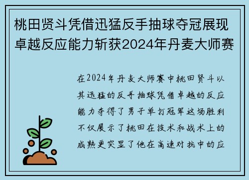桃田贤斗凭借迅猛反手抽球夺冠展现卓越反应能力斩获2024年丹麦大师赛胜利